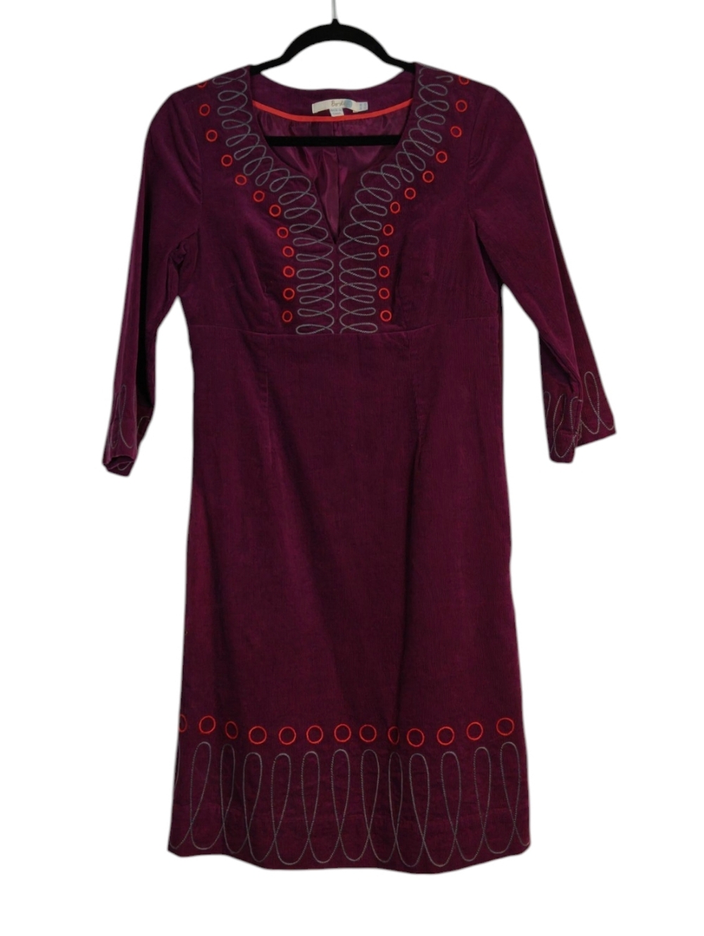 BODEN Embroidered Corduroy Kaftan 3/4 Sleeve 100% Cotton Dress in Plum Size 4R